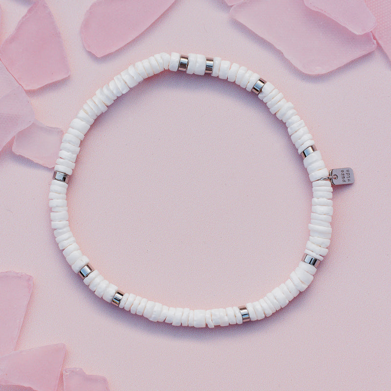 Silver and White Puka Shell Stretch Anklet PuraVida