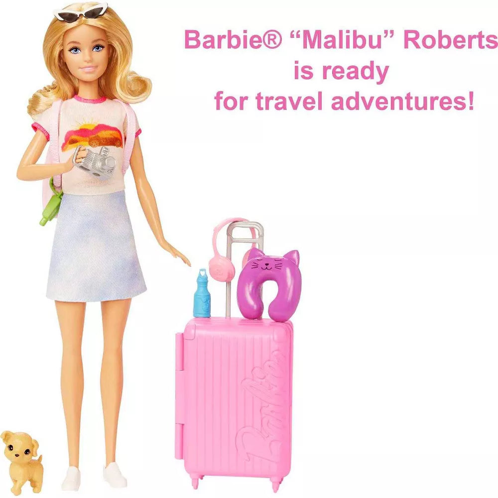 Barbie Doll And Accessories, 'Malibu' Travel Set With Puppy And 10+ Pieces Including Working Suitcase