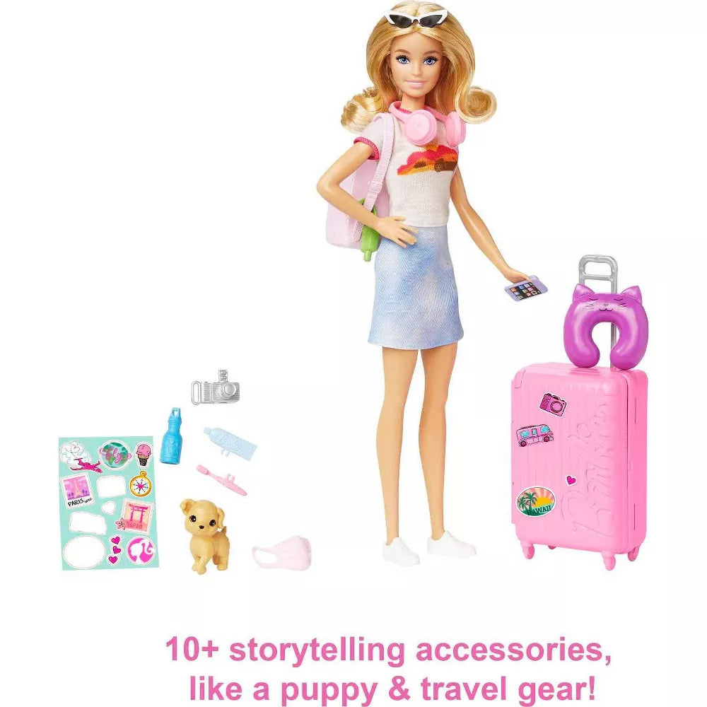 Barbie Doll And Accessories, 'Malibu' Travel Set With Puppy And 10+ Pieces Including Working Suitcase