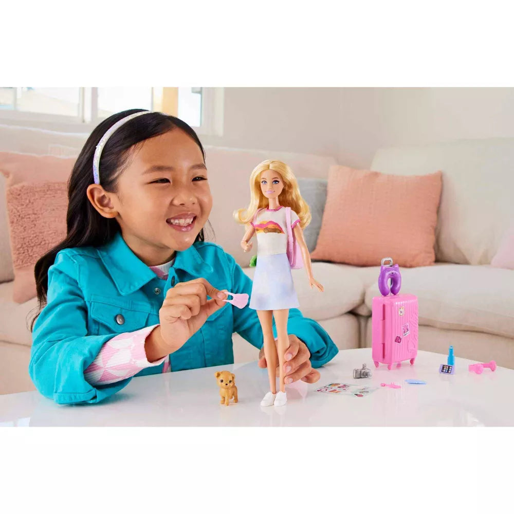 Barbie Doll And Accessories, 'Malibu' Travel Set With Puppy And 10+ Pieces Including Working Suitcase