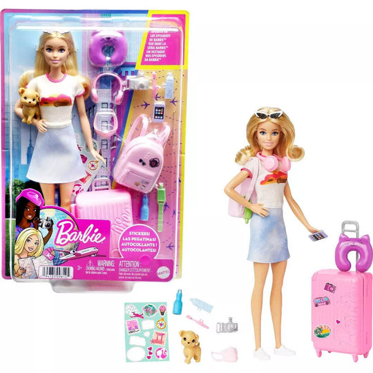 Barbie Doll And Accessories, 'Malibu' Travel Set With Puppy And 10+ Pieces Including Working Suitcase